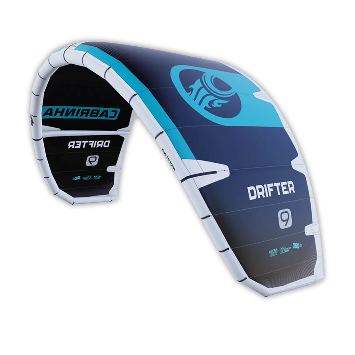 Cabrinha Drifter Apex 2027 Kite C4 colour cutout view showing full canopy in navy and cyan with DRIFTER 9 branding
