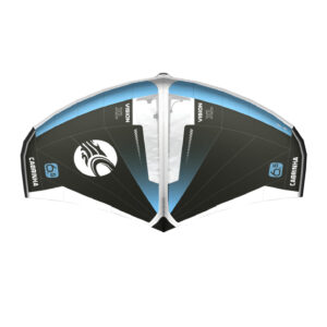 Cabrinha Vision XL 2027 Wing in black/blue colorway, front view showing full wingspan and canopy design