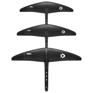 Duotone Pop D/LAB freestyle carbon foil front wings – 500, 650 and 800 cm² sizes shown from above, black carbon with low-aspect outline and integrated fuselage front section