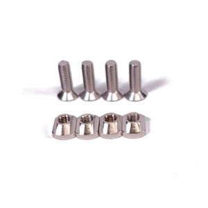 Axis foil board track nut and screw set: four stainless steel M8 x 25mm countersunk screws above four zinc-coated brass sliders on a white background.